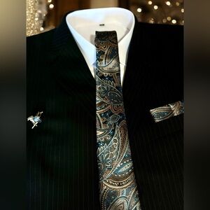 Men’s 3 Piece Tie Set Brown Teal Paisley Tie Pocket Square Cufflinks